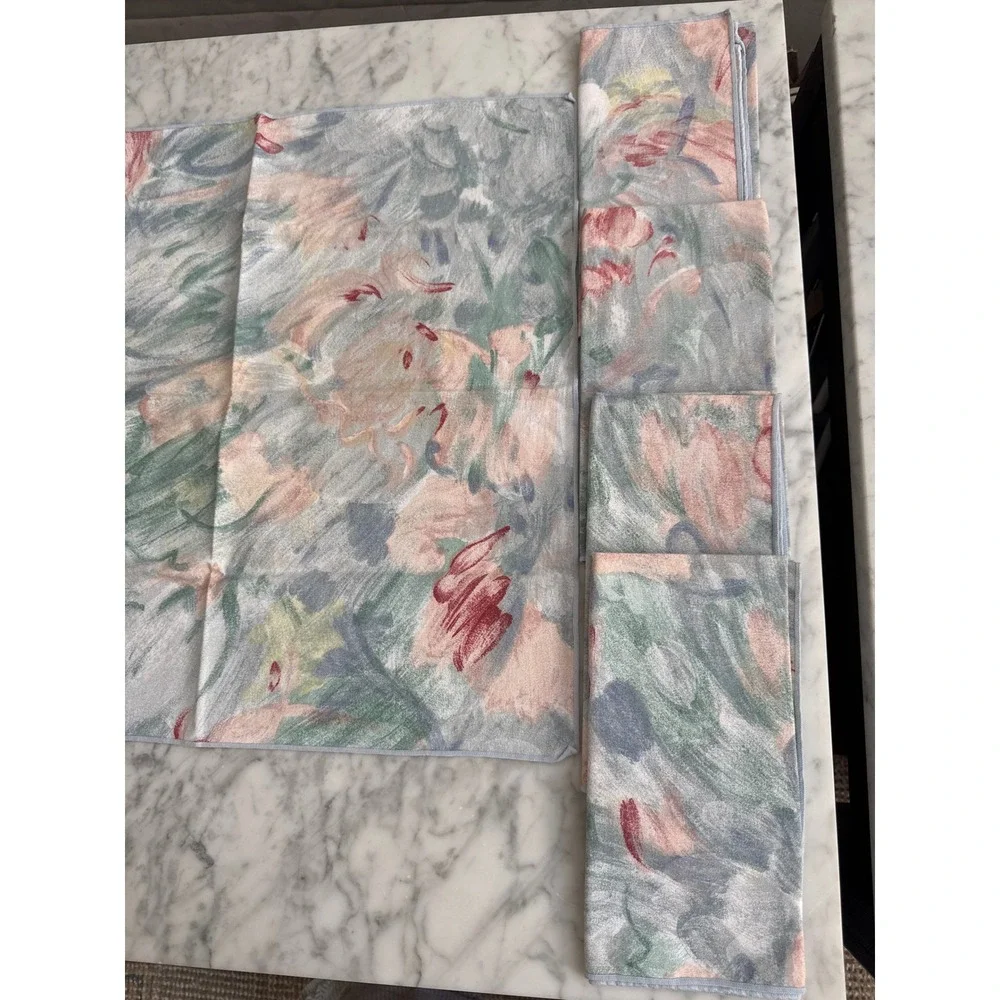 Vintage Impressionist Floral Napkins Set of 5 Watercolor Pastel Table Linens